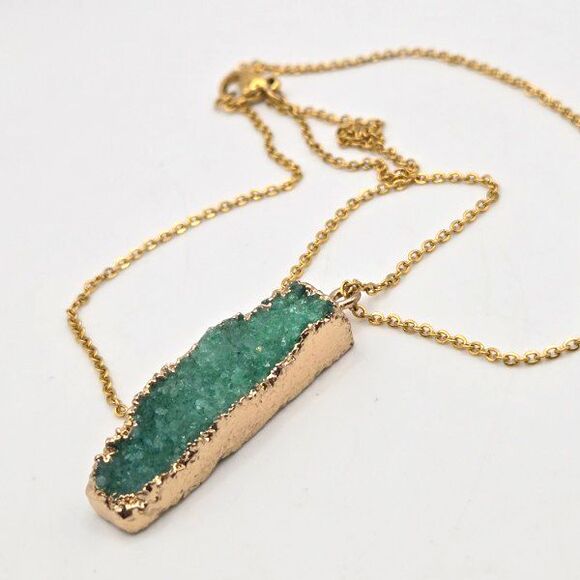 Seafoam Green Grystal Druzy Bar Pendant Necklace 17" Gold Tone Cable Chain - Picture 2 of 5